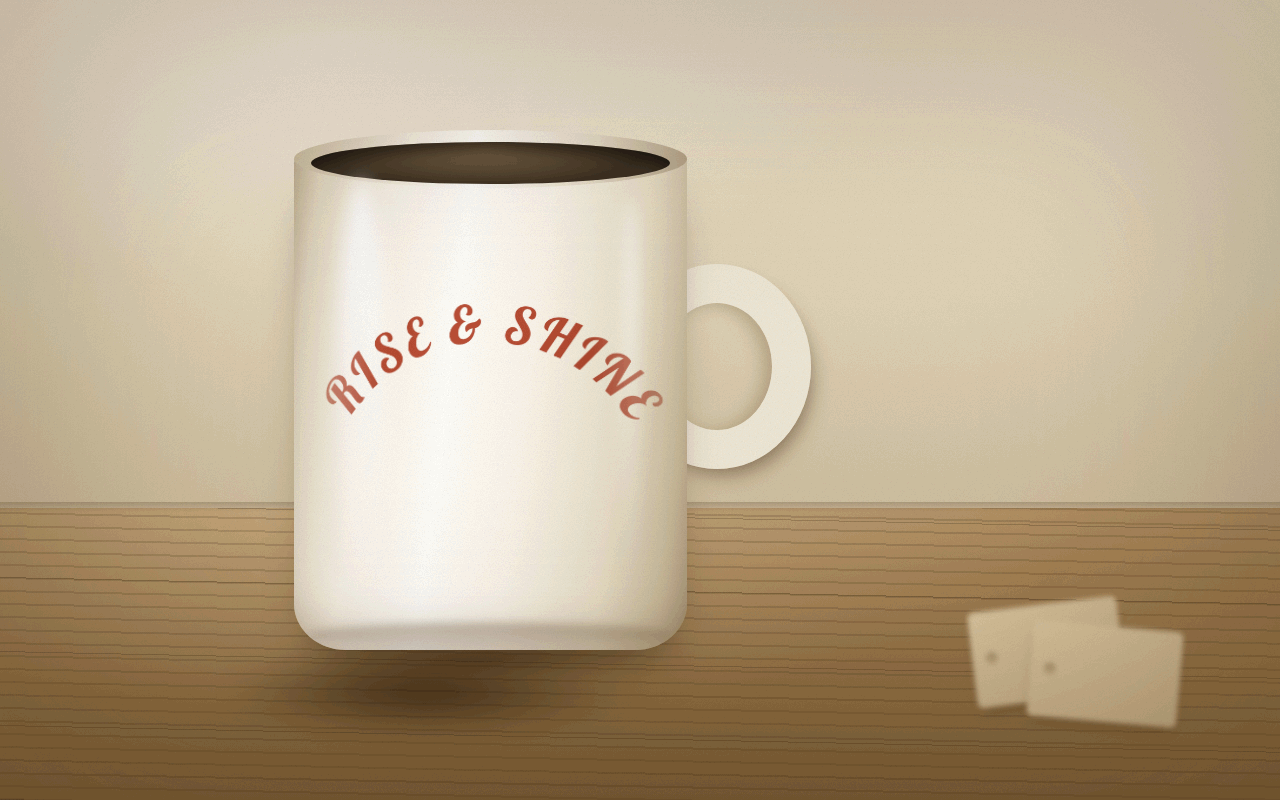 A white ceramic mug with the words RISE & SHINE arched in red around the side.