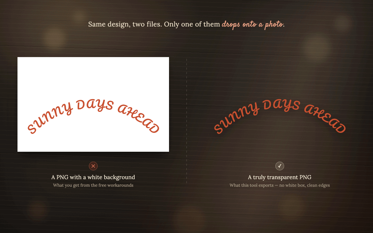 Two versions of the same curved wording on a dark background: the one exported with a white background sits inside a pale rectangle, the transparent one shows only the letters.